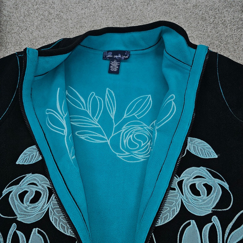 Susan Graver Style Black Fleece Jacket Floral Embroidery Teal Trim Zip Women 2X‎ - Picture 4 of 7